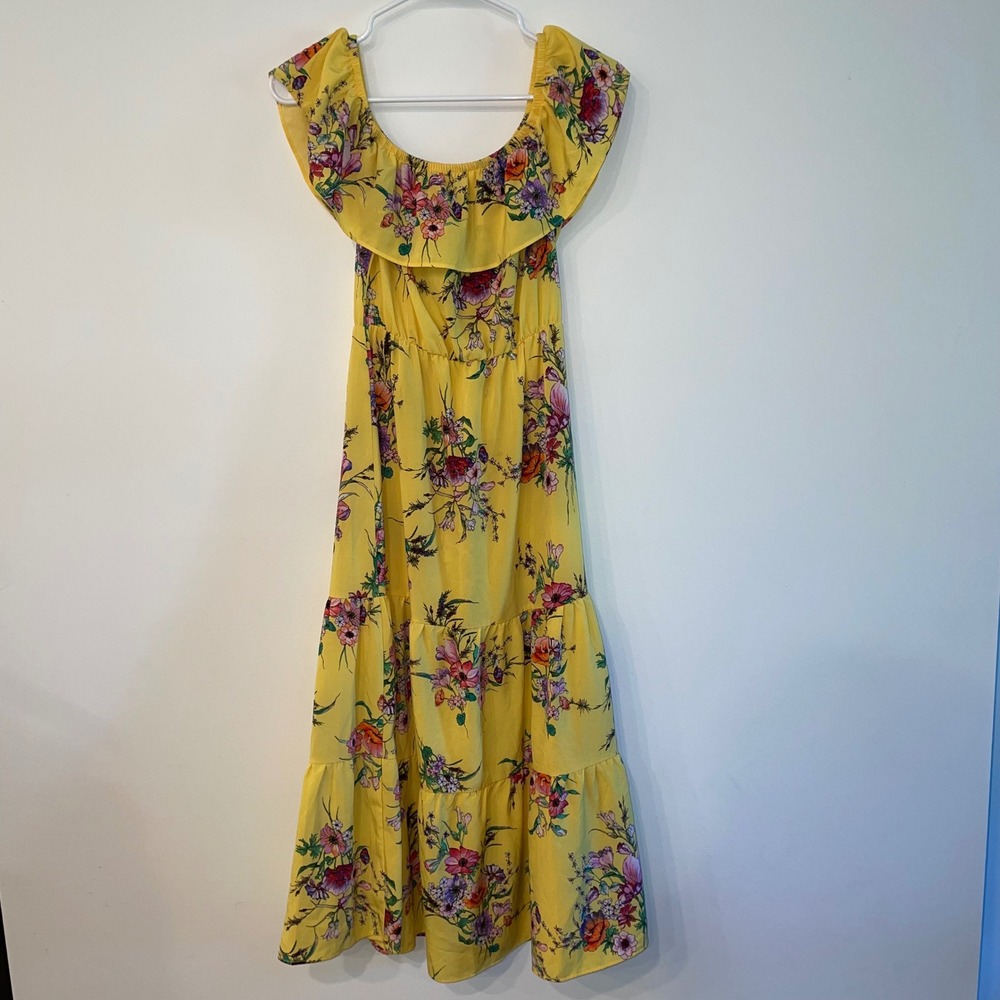AQUA Yellow Floral Off The Shoulder Ruffle Tiered Maxi Dress Womens‎ XS Boho